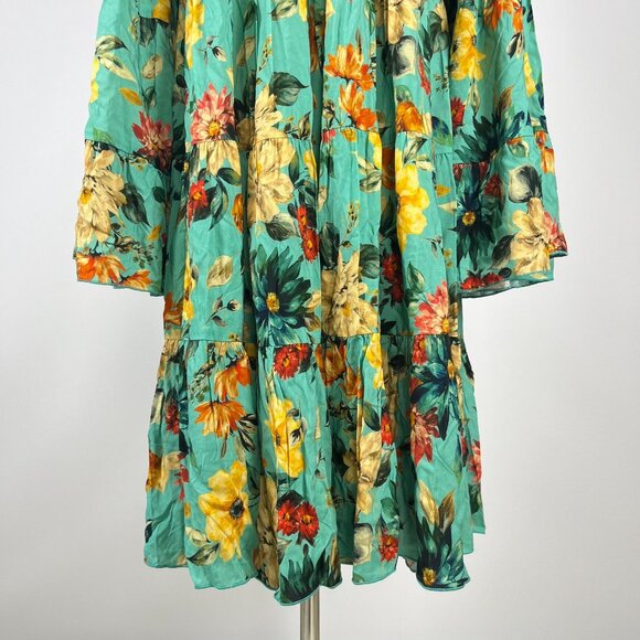$398 NWOT Johnny Was Tulum Relaxed Tiered Floral Teal Mini Dress Multicolor Sz S - Picture 8 of 12